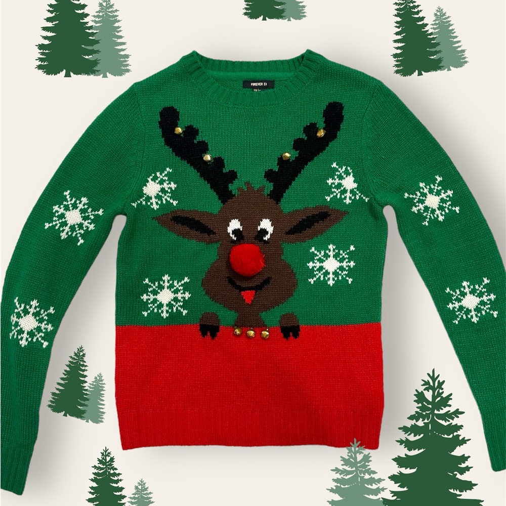 Green/Red Knit Reindeer Christmas Sweater with Jingle Bells